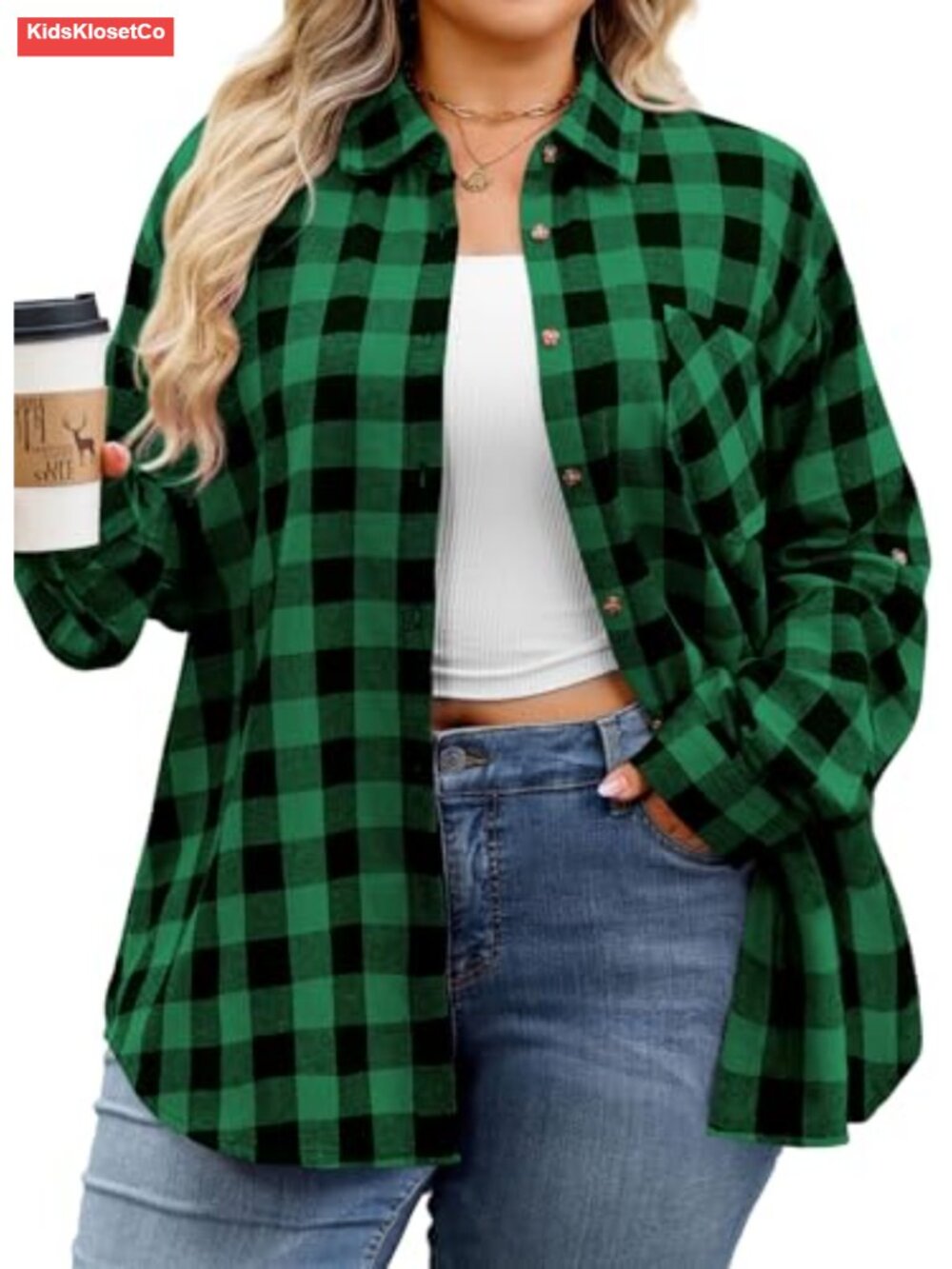 Plus Size Flannel Plaid Button Down Long Sleeve Shirt
